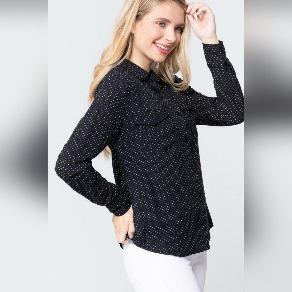 NOTATIONS WOMEN'S POLKA DOT BUTTON ROLL TAB BLOUSE SIZE LARGE